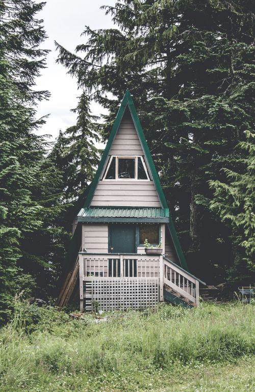An A-frame cabin with green trim surrounded by lush trees and greenery, featuring a small porch with a railing in a serene forest setting.