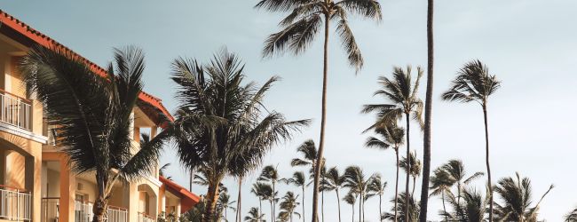 A luxurious resort pool area with lounge chairs, tall palm trees, and a multi-story building under a clear sky at sunset, creating a serene atmosphere.
