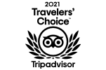 The image shows the 2021 Travelers' Choice TripAdvisor award, featuring an owl logo surrounded by laurel branches.