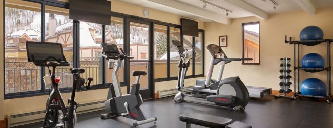 A gym room with cardio equipment, weight benches, exercise balls, and free weights, set against large windows with an outdoor view.