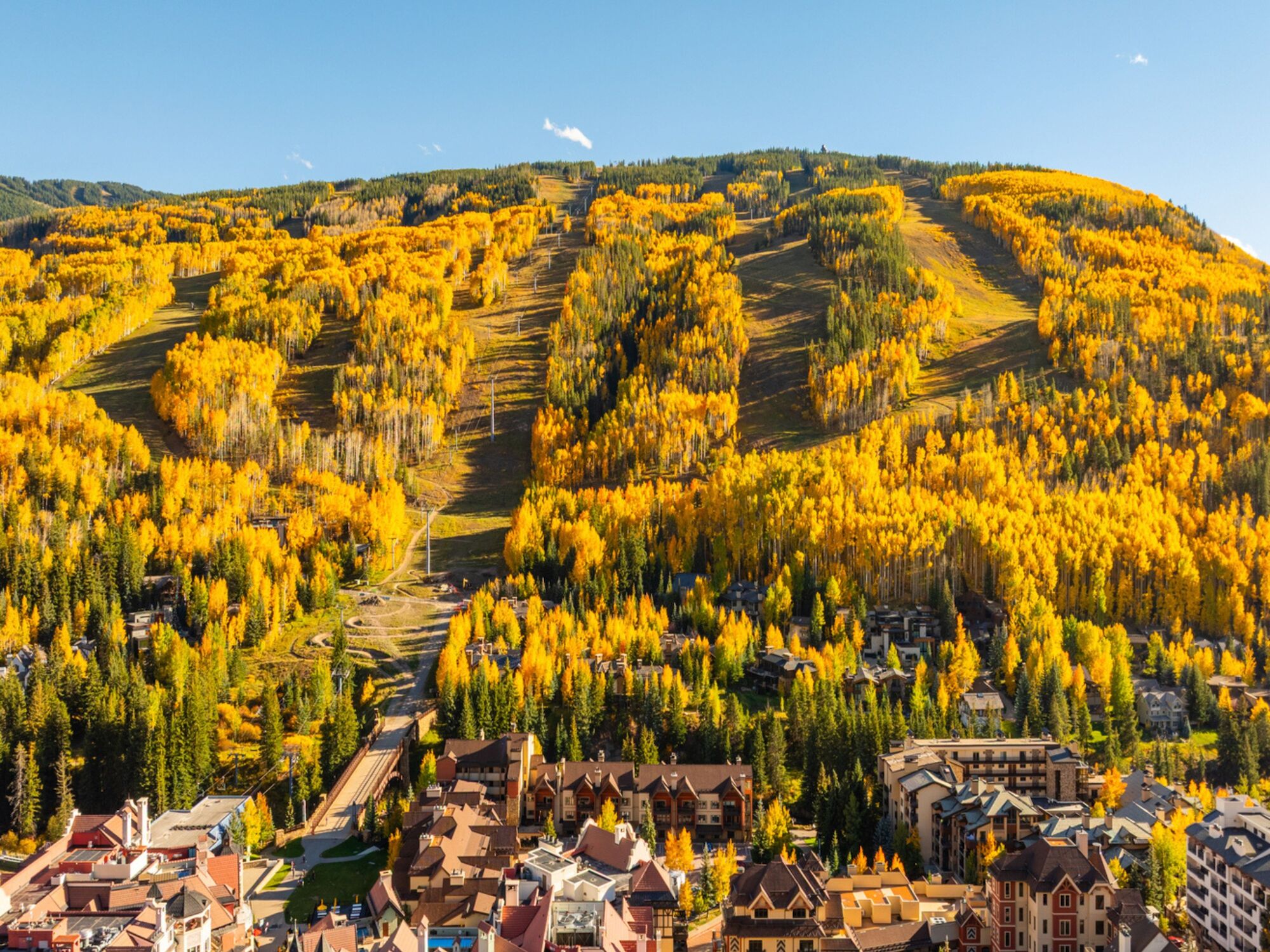 Colorful autumn valley with golden aspen trees on terraced hillsides and a small village at the bottom, under a clear blue sky.